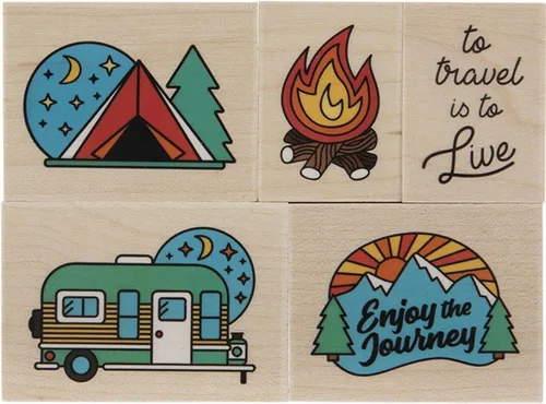 Momenta Enjoy The Journey - Juego de 6 sellos de madera de goma roja para acampar y viajar al aire libre