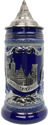Miniatura 7 de Essence of Europe Gifts OktoberfestHaus - Jarra de cerveza alemana de Rothenburg con emblema de metal en una jarra de cerámica con tapa de 0,6