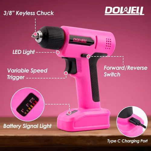 Miniatura 3 de DOWELL Juego de herramientas de taladro inalámbrico de 8 V, 58 unidades, LED integrado, velocidad variable, cable de carga tipo C, funda moldeada