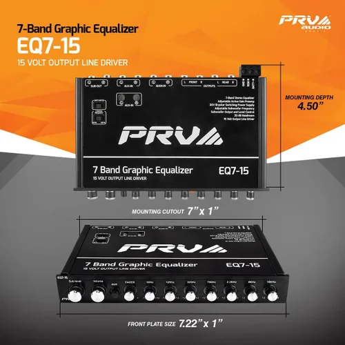 Miniatura 4 de PRV AUDIO EQ7-15 Ecualizador gráfico de 7 bandas Salida de nivel de línea RCA de 15 voltios con atenuador y control de nivel de subwoofer para audio