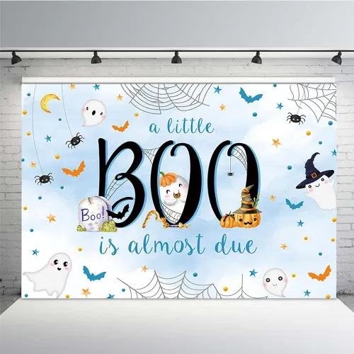 MEHOFOND Telón de fondo de Halloween de 7 x 5 pies para baby shower con texto en inglés "A Little Boo is Almost Due Blue Water" para niño con