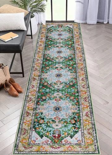 Miniatura 13 de U'Artlines Alfombra de Área Bohemia Lavable, 2x3 Pequeña Suave Antideslizante Vintage Felpudo para Puerta Frontal Interior Alfombra Verde