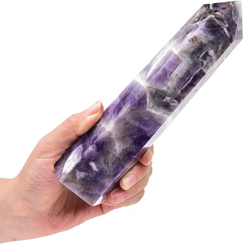 AMOYSTONE Torre de cristal grande, amatista natural de ensueño, 6 obeliscos facetados, varita de pilar de cristal curativo, hexagonal, puntiaguda,
