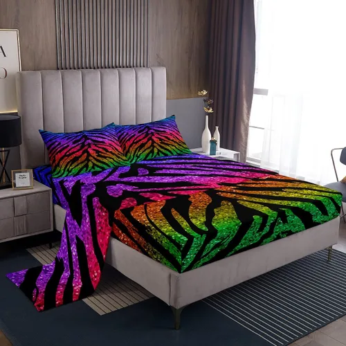 Manfei Juego de sábanas con estampado de cebra, tamaño individual, con estampado de animales y arcoíris, para decoración de habitación de niños y