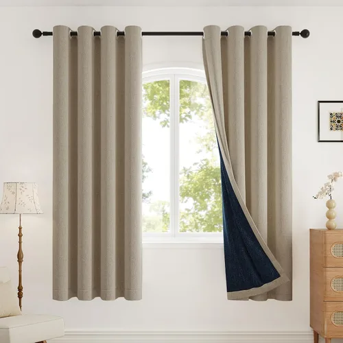 Miniatura 20 de Rinwoc - Cortinas 100% opacas gruesas y suaves de 2 paneles para dormitorio, aspecto de lino texturizado, bloqueo total de luz, cortinas