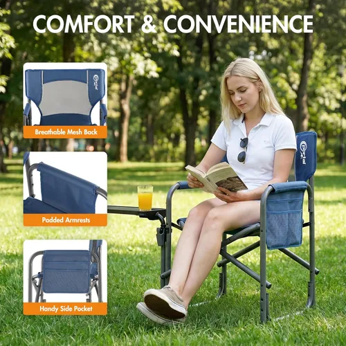 Miniatura 7 de Portal Silla de director plegable con mesa auxiliar giratoria de 2 vías, silla de campamento resistente de 300 libras con bandeja giratoria