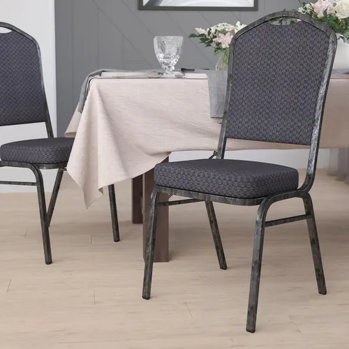 Miniatura 2 de Flash Furniture HERCULES Series - Silla apilable para banquetes con respaldo de corona en tela negra con estampado, marco de vena plateada Tela