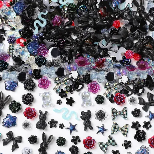 COOSLIM 110 dijes de uñas 3D para uñas acrílicas, flor de camelia, rosa, mariposa, lazo, corazón, oso, conejo, estrella, para diseños de uñas, Negro