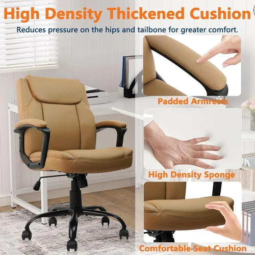 Miniatura 5 de CLATINA - Silla ejecutiva de oficina con respaldo medio de cuero, soporte lumbar y reposabrazos acolchados, diseño ergonómico ajustable y giratorio