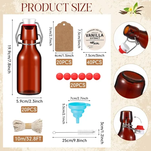 Miniatura 2 de Vesici Juego de 8 botellas de vidrio con tapa oscilante ámbar, botellas de extracto de vainilla casero, frascos de extracto de vainilla