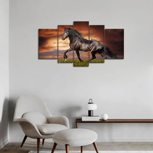 Miniatura 5 de Arte de pared de 5 paneles negro Friesian Running Horse Trot en el campo al atardecer, hierba y flores, cuadros impresos en lienzo, animales