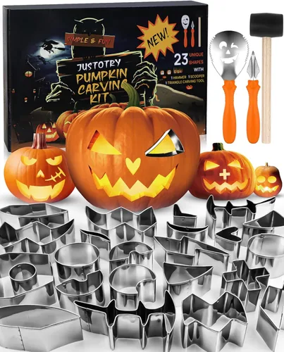 JUSTOTRY Kit de tallado de calabaza – Cortadores de galletas con forma de cara de calabaza de Halloween, juego de herramientas fáciles y seguras 23