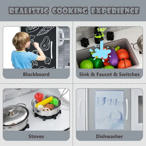 Miniatura 2 de Costzon Juego de Cocina para Niños, Set de Juguetes de Cocina de Madera de Simulación con Sonido Realista, Pizarra Grande, Teléfono, Microondas, gris