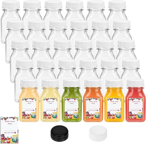 Miniatura 15 de SUPERLELE 10 botellas de plástico para jugo de 12 onzas con 10 tapas negras y 10 tapas azules, recipientes de jugo reutilizables con tapas