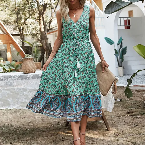 Miniatura 3 de Women's Long Sleeve Bodycon Dress Daily V-Neck Waist Ethnic Print Sleeveless Dress Sun Dresses Summer Casual