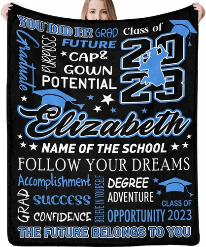 Miniatura 39 de Decoraciones de graduación 2023, manta de regalo para ella, él, felicitaciones 2023, azul oscuro, manta de graduado con nombre personalizado, No.11