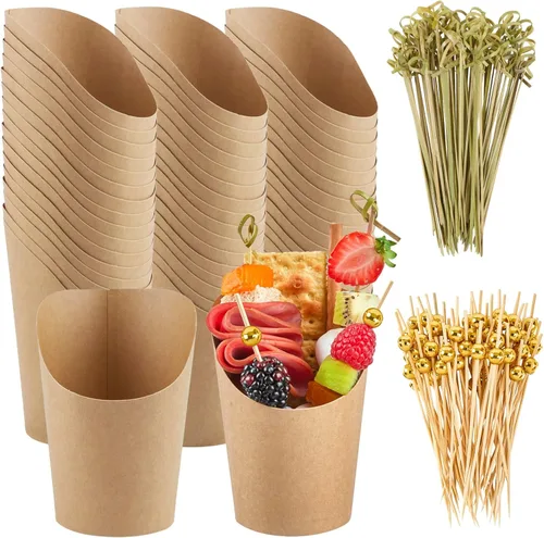 Miniatura 10 de Ocmoiy Vasos de charcutería con palillos y bolsas, vasos desechables marrones de papel kraft de 14 oz para aperitivos, vasos individuales