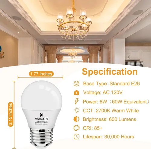 Miniatura 3 de Bombilla LED E26, luz blanca cálida de 2700 K, bombillas pequeñas equivalentes a 60 W, bombilla E26 para ventilador de techo, forma A15, 600 lm 120