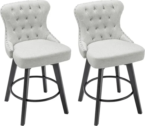 Juego de 2 taburetes de bar giratorios de 360° con botón acolchonados, taburetes de bar tapizados de 26 pulgadas con patas de madera maciza para