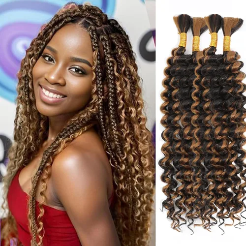 Miniatura 25 de Mezcla de cabello humano trenzado sintético bohemio para trenzar, 16 pulgadas de onda profunda a granel para trenzas bohemias, 2 piezas de cabello 1b