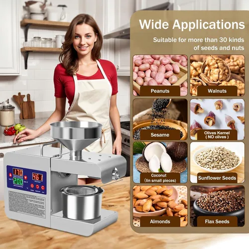 Miniatura 3 de Máquina de prensa de aceite, extractor de aceite automático comercial para el hogar de 820W, prensa eléctrica de acero inoxidable en frío