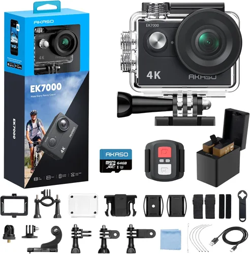Cámara de acción AKASO EK7000 4K30fps con tarjeta de memoria MicroSDXC U3 de 64GB, kit de accesorios ultra HD, cámara sumergible resistente al agua