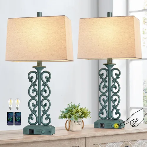 Miniatura 11 de AIEAMPDO Juego de 2 lámparas de mesa de resina estilo granja táctiles de 25" con 2 puertos USB, regulables de 3 vías, rústicas vintage, lámparas