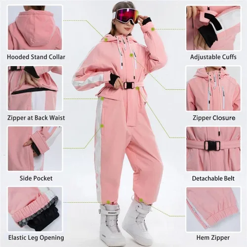Miniatura 2 de ALSOGO Traje de esquí de una pieza para mujer, overol impermeable con aislamiento para nieve, con cinturón desmontable para deportes de nieve