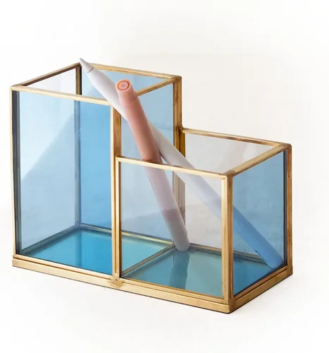 FONDAZZA Organizador de escritorio de cristal dorado y azul, elegante decoración de oficina, soporte estético para brochas de maquillaje, soporte