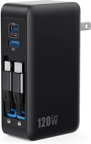 Bloque de cargador USB C de 120W con 2 cables retráctiles integrados, cargador GaN IV 4 en 1 de carga rápida con enchufe plegable, cargador de