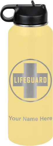 Miniatura 71 de LaserGram Botella de agua personalizada, salvavidas, acero inoxidable de doble pared aislada al vacío con popote superior, regalo grabado Negro