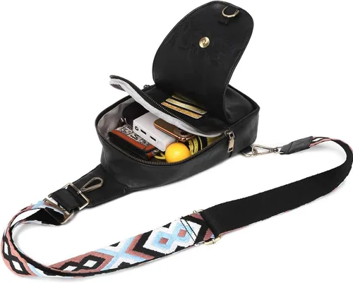 Miniatura 2 de Bolsa de pecho para mujer, bolso bandolera pequeño de piel sintética, mochila de hombro para viajes, senderismo, ciclismo, negro (Black Lg)