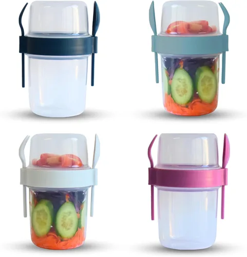 salda Paquete de 4 tazas de desayuno sobre la marcha, taza de yogur para llevar y llevar con cobertura de cereales con cuchara y tenedor, frasco de