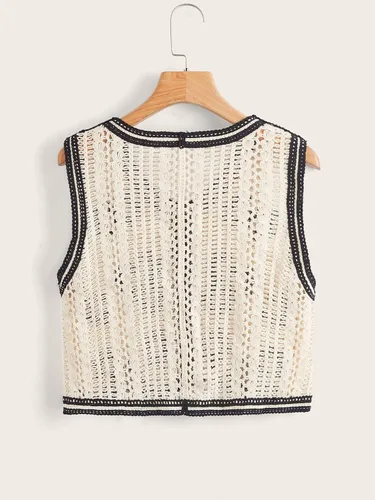 Miniatura 2 de Verdusa Chaleco de punto a cuadros sin mangas con cuello en V y botones para mujer