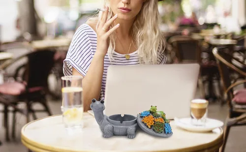 Miniatura 5 de Cenicero de tortuga y rana perezosa con tapa, ceniceros hechos a mano de resina fresca para cigarrillos como decoración del hogar, bandeja