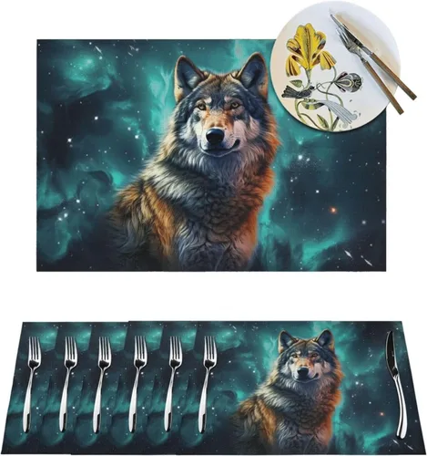6 PCS PVC Placemats Set Place Mats A Wolf Stands in Front of The Starry Sky Non-Slip Weave Place Mats 12" x 18" Farmhouse Table Mat Set for Family