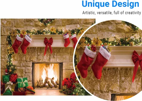 Miniatura 2 de Funnytree Telón de fondo de chimenea de Navidad de 10 x 8 pies, estilo vintage, medias de árbol de Navidad, fondo de fotografía, retrato de cabina