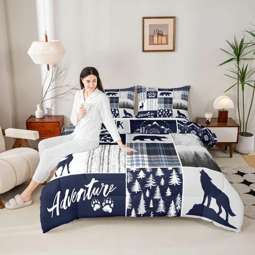 Miniatura 220 de Juego de edredón de cuernos de ciervo tamaño individual, juego de ropa de cama rústica de granja con huellas de oso y pinos para decoración