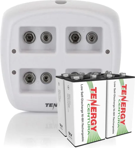 Tenergy TN136 Cargador inteligente de 4 bahías 9V con 4 piezas 9V Tenergy Centura (baja autodescarga) NiMH 200mah baterías recargables