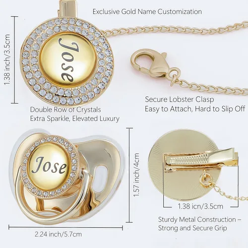 Miniatura 3 de Juego de Chupete y Clip con Nombre Personalizado Brillante - Binky Personalizado para Baby Shower, Recuerdo de Recién Nacido para Fotos Dorado