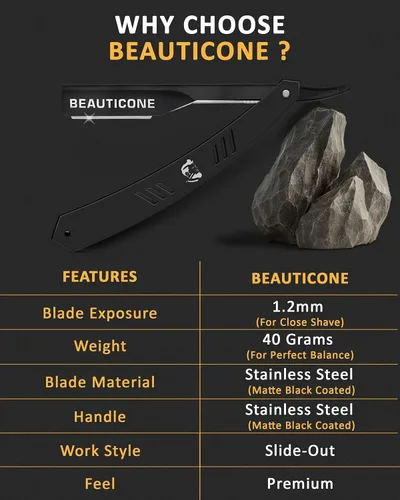Miniatura 2 de BEAUTICONE Maquinillas de afeitar rectas para hombres, maquinilla de afeitar de borde recto, cuchillas de repuesto de un solo filo, acero Todo negro