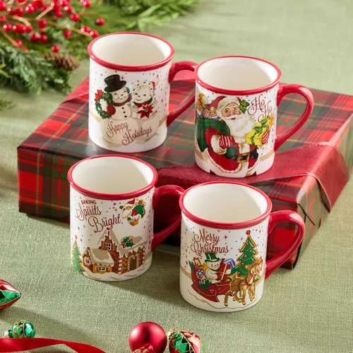 Certified International Santa's Retro Set de 4 tazas: 5.25" x 3.75" x 4.25" 18 onzas, ideal para cacao caliente junto a la chimenea, café, un café