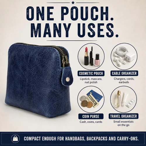 Miniatura 4 de Bolsas de Cosméticos de Cuero Azul Para Mujeres Juego de Viaje – Monedero con Cremallera Hecho a Mano Juego de Bolsas de Maquillaje Azul Pequeñas