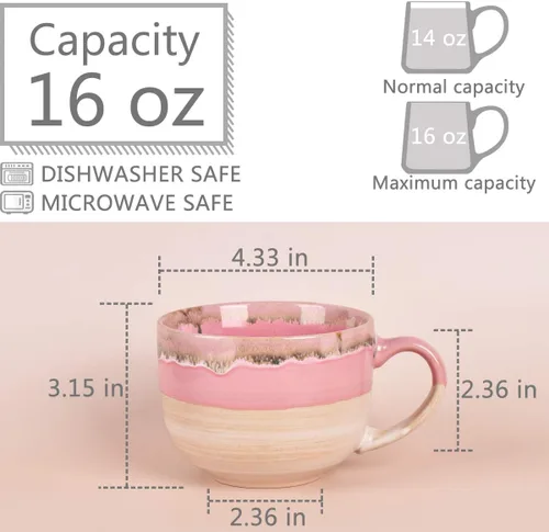 Miniatura 2 de Bosmarlin Juego de 2 tazas de café grandes de cerámica, tazas de café jumbo de gres para la oficina y el hogar, 16 onzas, aptas para lavavajillas