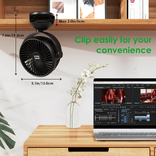 Miniatura 8 de Minthouz Ventilador de clip, ventilador de escritorio pequeño recargable USB-C de 8000 mAh, ventilador de escritorio pequeño de 4 velocidades
