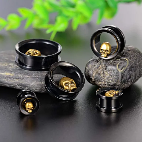Miniatura 5 de COOEAR 1 par de calibradores de oído túneles de oreja negros tapones de calavera de acero inoxidable
