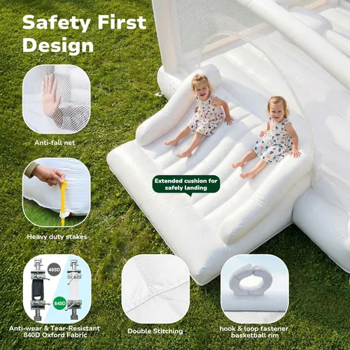 Miniatura 3 de Hapfan Casa inflable blanca para niños grandes, castillo animoso grande de 15 x 12 pies con soplador, tobogán más ancho y aro de baloncesto