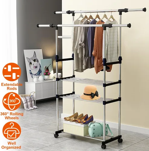 Miniatura 2 de Perchero de doble barra para colgar ropa, estante portátil para armario de carga máxima de 77 libras, perchero de metal resistente para dormitorio