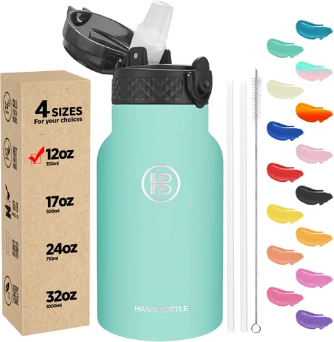 Miniatura 22 de Han's Bottle - Botella de agua para niños con tapa con pajilla - Vaso reutilizable de acero inoxidable aislado para niñas, niños, taza termo, 17