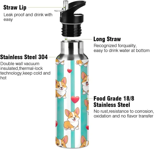 Miniatura 3 de Stainless Steel Water Bottle 20 Oz, BPA-Free Sport Water Bottle Insulated for Gym Outdoor Travel School, Cute Dogs Aqua White